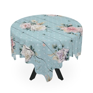 Blue with roses Shabby chic table cloth, woodgrain printed look, rustic tablecloth, French vintage, farmhouse decor, cottage tablecloth