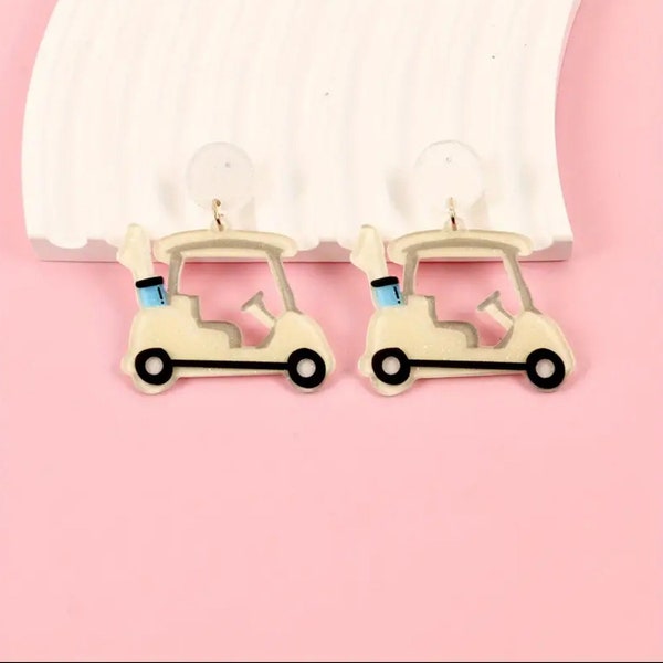 Country Club White Golf Cart Design Dangle Earrings Simple Sporty/ Style Hole in One, Four, Par 3