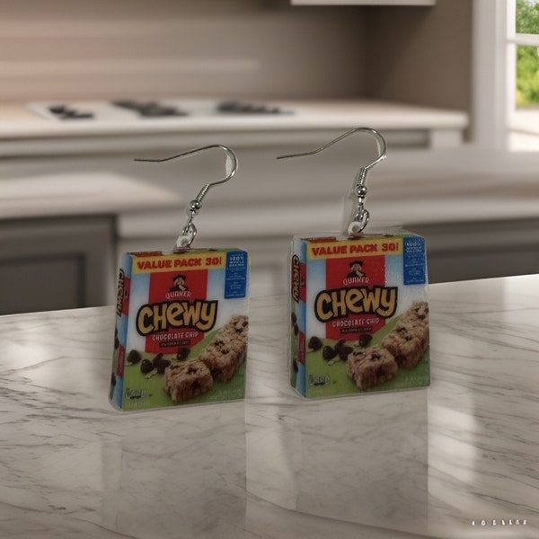 Mini Brand Style Quaker Chewy Chocolate Chip Bar Box Earrings Hook Style Dangle