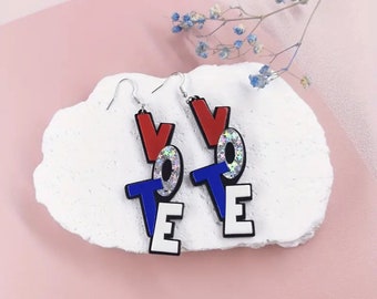 American Election Day Sequin Letter VOTE Pattern Acrylic Long Dangle Hook Earrings Red, White and Blue Election Democrat/Republican