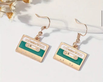 Cassette Tape 80’s Deco Gold & Green Earrings Good Vibes Party Mix