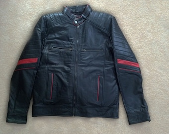 Black leather jacket with red strips