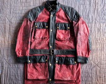 Red and Black Distressed Vintage Leather Six Pocket Coat Jacket, Distressed leather jacket, vintage winter jacket, gift for him