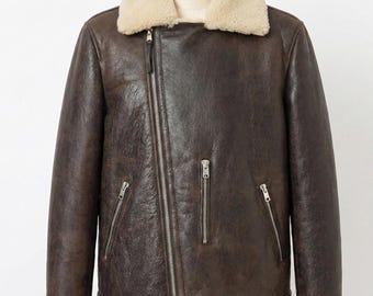Handmade Lambskin Aviator Jacket: Dark Brown Leather, Shearling Fur