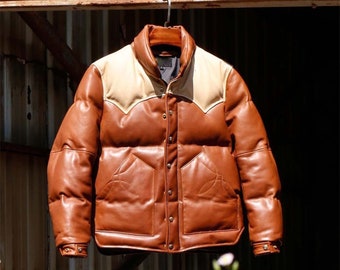 Men's Leather Bomber Puffer Jacket, Western Style, Winter Coat