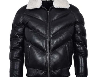 Leather V Bomber Puffer Winter Warm Jacket with Fur Collar