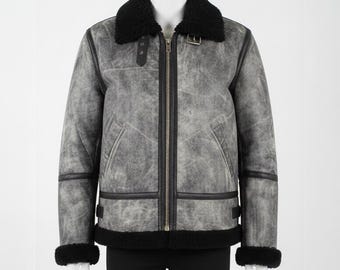 Vintage Grey Shearling Aviator Jacket | B3 Bomber Leather Coat
