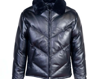 Leather V Puffer Warm Lambskin Jacket