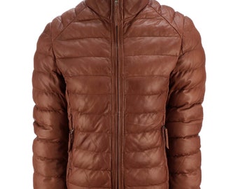 Leather Brown Puffer Winter Warm  Mens Jacket