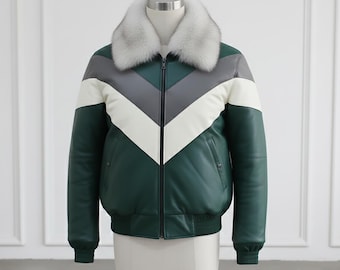 Vintage 80s Chevron Leather Bomber Jacket | Detachable Fox Fur Collar