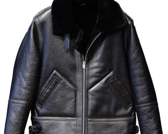 Handmade Lambskin B3 Bomber Jacket, Black Shearling Aviator Coat