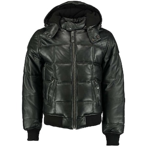 Schwarze gesteppte Herrenlederjacke mit abnehmbarer Kapuze