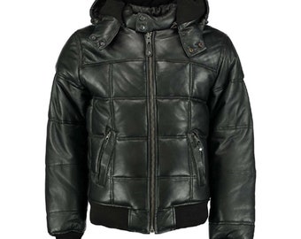 Mens Leather Quilted Bomber Black Jacket with Detachable Hooded