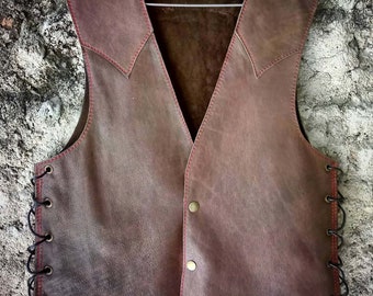 Vintage Western Leather Brown Cowhide Vest with laces