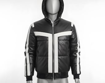 Men's Black Leather Puffer Jacket | White Stripe Hooded Bomber