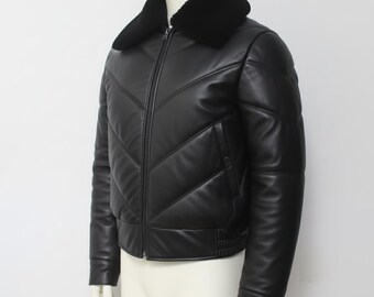 Black Leather Puffer Bomber Jacket | Shearling Collar Winter Coat
