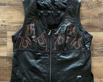 Flame Embroidery Real Leather Vest, Harley Flame Embroidery Vest, Mens Leather Vest with Flame Embroidery, Leather Gift For Him