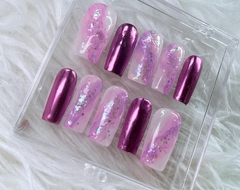 Amethyst Drip – Uñas postizas de lujo en cromo morado y purpurina