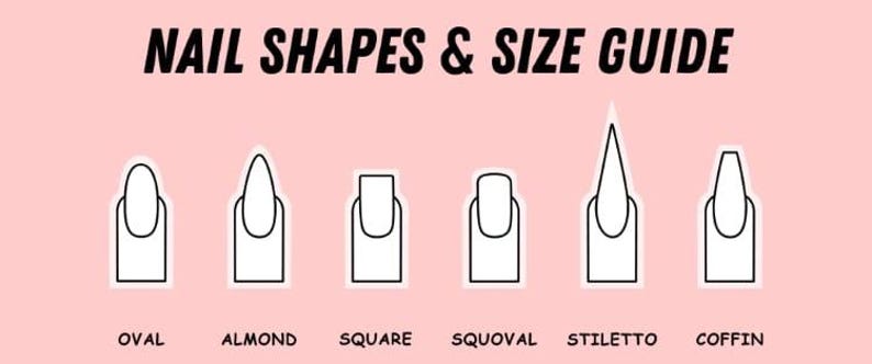 Puede incluir: Una gu&iacute;a de diferentes formas de u&ntilde;as, incluyendo ovalada, almendra, cuadrada, squoval, stiletto y ata&uacute;d.