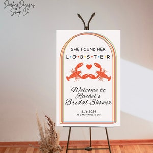 AMIGOS - Plantilla de cartel para despedida de soltera "Ella encontró su langosta", póster de bienvenida, póster imprimible, cartel de cartón pluma, plantilla editable de Canva