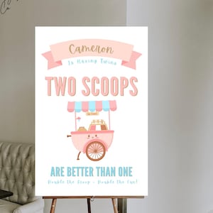 Szablon plakatu na baby shower TWINS TWO SCOOPS, chłopiec i dziewczynka, wózek z lodami, różowy i niebieski, drukowana płyta piankowa, w pełni konfigurowalny