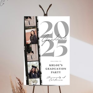 Plantilla de póster de bienvenida para fiesta de graduación con fotos de películas, anuncio de graduación, póster de cartón pluma imprimible, totalmente personalizable