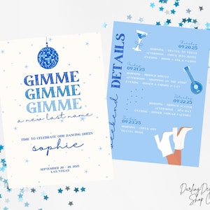DAMMI DAMMI Dammi un nuovo cognome Invito e itinerario per l'addio al nubilato Modello Mamma Mia Disco Grecia Invito Programma del weekend di addio al nubilato stampabile