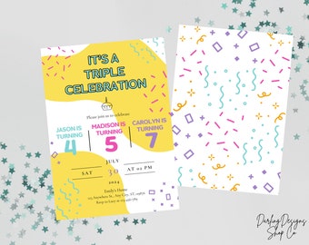 May include: A yellow, blue, and pink birthday party invitation with a colorful confetti pattern background. The invitation says "It's a Triple Celebration" and lists three children's names and ages: Jason is turning 4, Madison is turning 5, and Carolyn is turning 7. The invitation also includes the date, time, and location of the party.