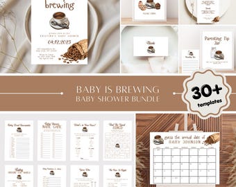 A BABY IS BREWING Baby Shower Bundle Printable Templates, Editable Games, Signs, Menu, Thank You Tags, Printable or Evite Fully Customizable