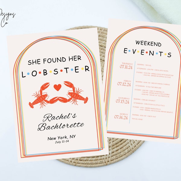 FRIENDS - She Found Her Lobster Bachelorette Invitation & Itinerary Template Modern Bachelorette Weekend Bach Weekend Schedule Printable