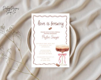 LOVE IS BREWING Pink Bow Espresso Martini Bridal Shower Invitation Template, Coffee, Coffee Beans, Printable or Evite, Fully Customizable