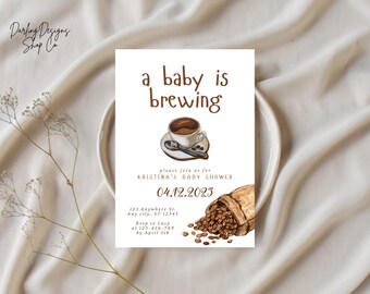 A BABY IS BREWING Baby Shower Invitation Template, Coffee, Coffee Beans, Espresso, Printable or Evite, Fully Customizable
