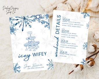 ICEY WIFEY vrijgezellenfeest uitnodiging en reisschema sjabloon champagne op ijs laatste toast op de pistes après-ski winter Bach schema afdrukbaar