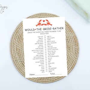 Może przedstawiać: Drukowana gra na wieczór panieński o nazwie "Would the Bride Rather" z listą 20 pytań, na które goście mogą zakreślić swoje odpowiedzi. Gra zawiera ilustrację homara i tekst "Circle the choice you think the bride-to-be would pick."