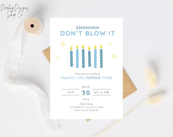 Shhh DON&#39;T BLOW IT Surprise Birthday Invitation Template, Blue Surprise Birthday Invitation, Printable or Evite, Fully Customizable