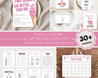 PINK TWO SCOOPS Are Better Than One Twins Baby Shower Bundle Printable Templates, Editable Games, Printable or Evite, Fully Customizable