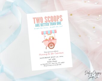 TWINS TWO SCOOPS Baby Shower Invitation Template, Boy And Girl, Ice Cream Cart, Pink And Blue, Printable or Evite, Fully Customizable