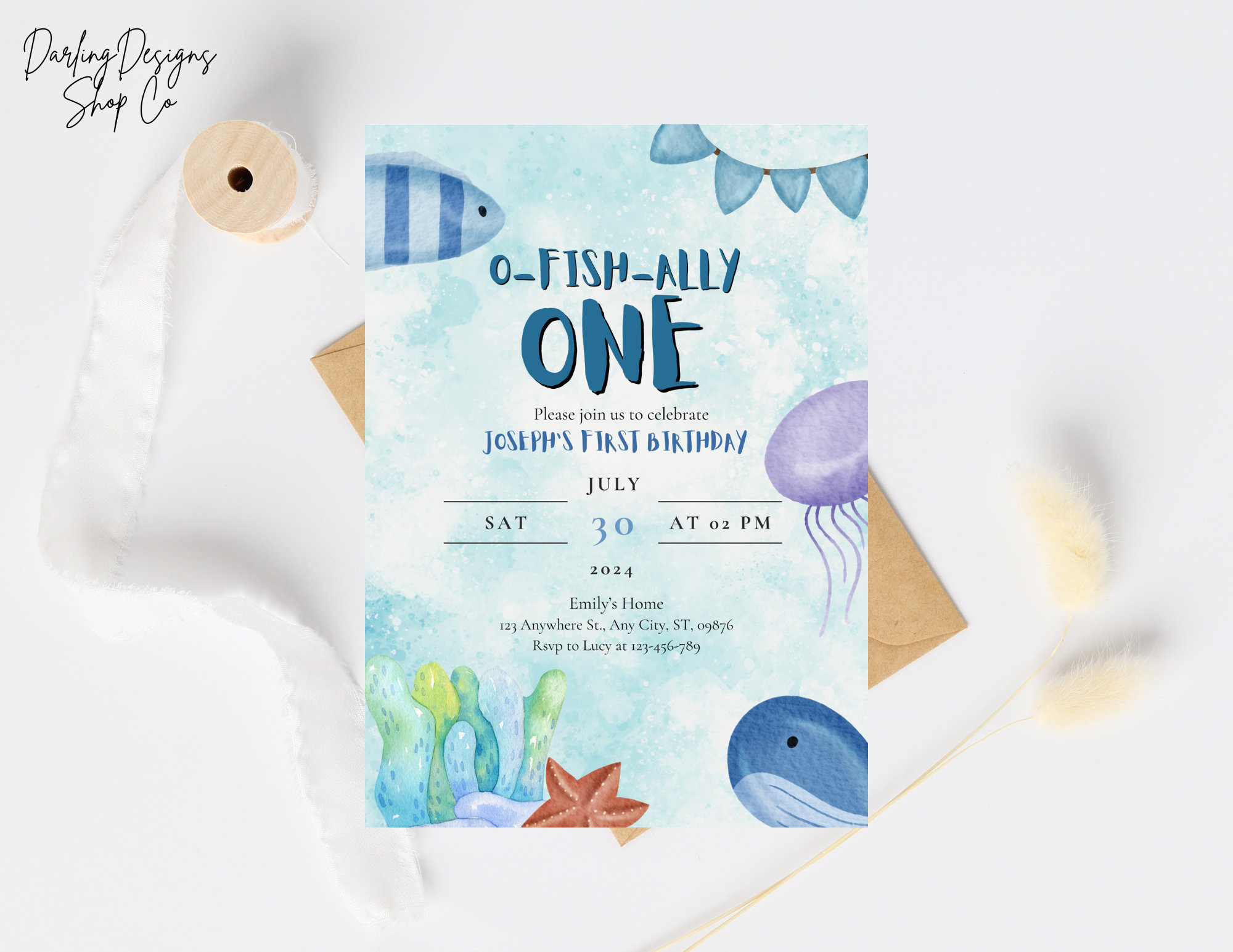 O-FISH-ALLY ONE Birthday Invitation Template, First Birthday Invitation, Fish Birthday Invitation, Printable or Evite, Fully Customizable