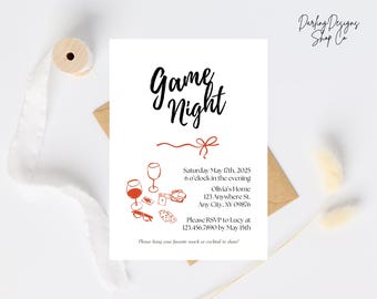 GAME NIGHT Invitation Template, Wine Night, Girls Night, Bow, Family & Friends, Invite or Evite, Printable, Fully Customizable