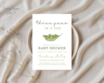 THREE PEAS In A POD Baby Shower Invitation Template, Triplets Baby Shower, Mom Of Three To Be, Printable or Evite, Fully Customizable