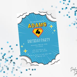 COMIC SUPERHERO Birthday Invitation Template, Kids Birthday, Blue Superhero Birthday Invite, Printable or Evite, Fully Customizable