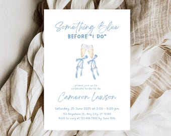 SOMETHING BLUE Before "I Do" Bridal Shower Invitation Template, Champagne & Blue Bows, Printable or Evite, Fully Customizable
