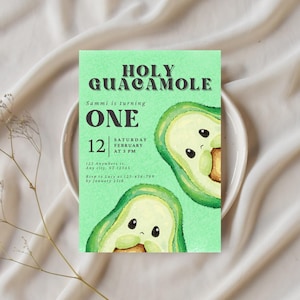 Modèle d'invitation de premier anniversaire HOLY GUACAMOLE, invitation avocat mignon et simple, moderne et tendance, imprimable ou Evite, entièrement personnalisable
