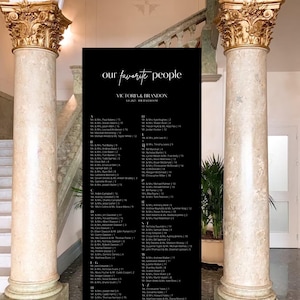 May include: A black and white sign with the text "our favorite people" and "Victoria & Brandon" in a decorative font. The sign lists names and table numbers for a wedding reception.