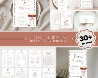 LOVE IS BREWING Pink Bow Espresso Martini Bridal Shower Bundle Printable Templates, Editable Games, Printable or Evite, Fully Customizable