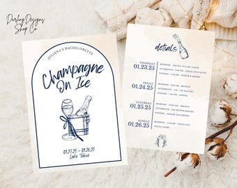 CHAMPAGNE ON ICE vrijgezellenfeest uitnodiging en reisplan sjabloon laatste winter toast op de hellingen Icey Wifey Cabin weekendschema afdrukbaar