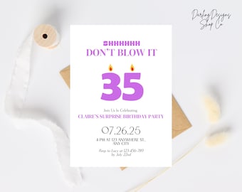 Shhh DON'T BLOW IT Number Candles Surprise Birthday Invitation Template, Surprise Party, Printable or Evite, Fully Customizable