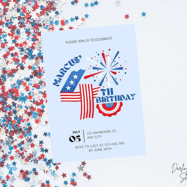 FOURTH BIRTHDAY Invitation Template, Red White And Blue, 4th Birthday, Fireworks, Patriotic Birthday, Printable or Evite Fully Customizable