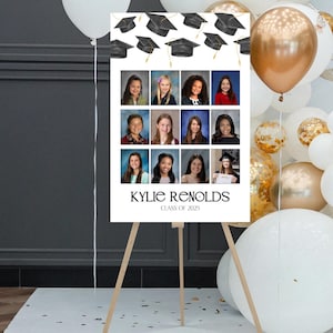 Plantilla de póster con fotos de graduación con birretes voladores, póster con 12 fotografías escolares, póster imprimible en cartón pluma, totalmente personalizable