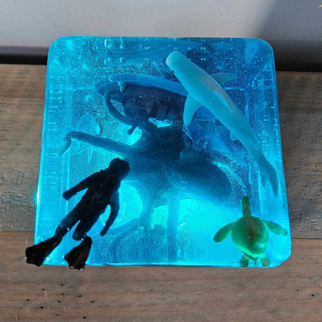 Ocean Resin Shark and Octopus Cube With Two Sunken Ships, Baby Octopus